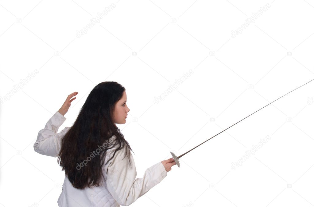 Young woman in fencing jacket foil