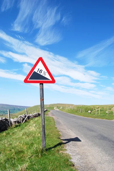 Sinal de aviso na estrada deserta — Fotografia de Stock