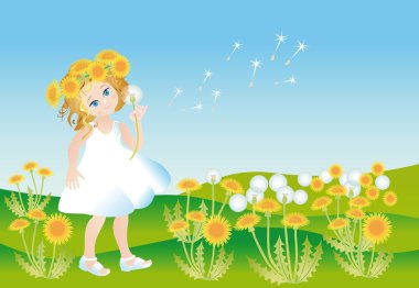 Girl on to the meadow with dandelions clipart