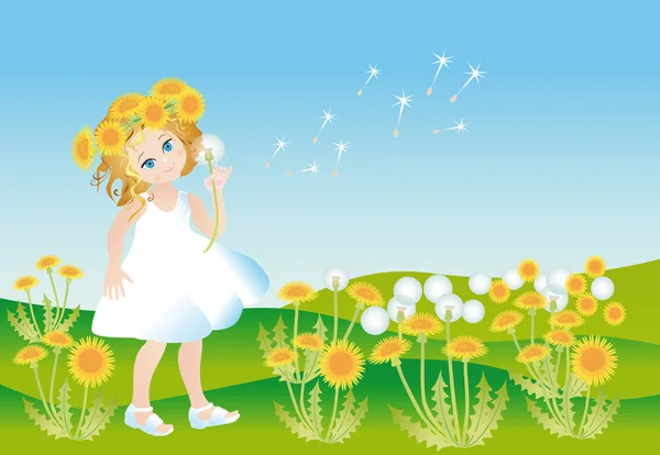 Girl on to the meadow with dandelions — Stock Photo, Image