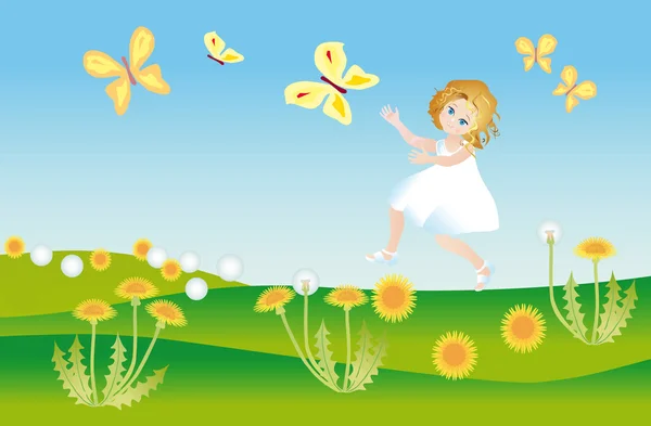 Uma menina se apressa depois de uma borboleta — Fotografia de Stock