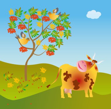 A cow looks at a wild ash clipart