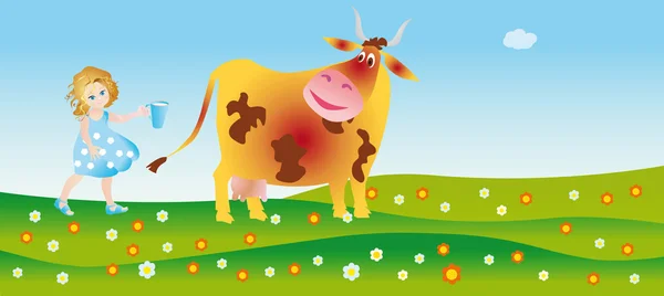 Корова помогает ребенку, живущему в молоке — стоковое фото