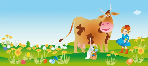 Lány, a tehén és a nyúl — Stock Fotó