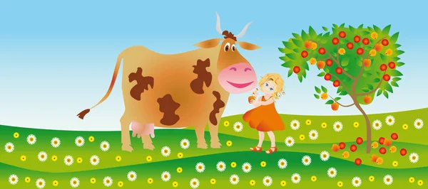 Girl and cow — Stock Photo, Image