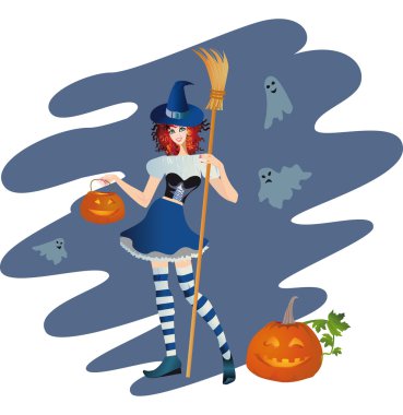 Merry young witch with a pumpkin clipart