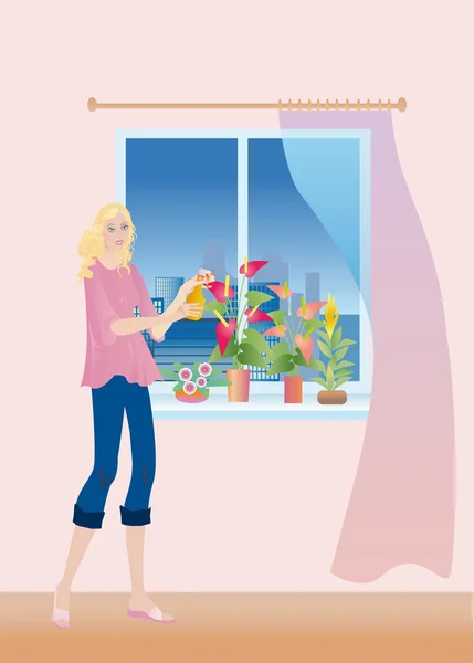 En tjej ser till det hem växter — Stockfoto
