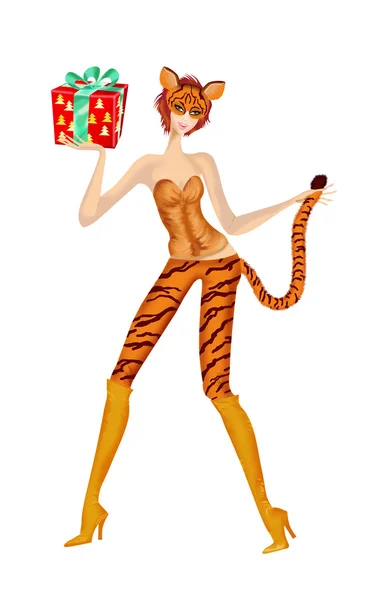 Una ragazza in costume da festa di tigre — Foto Stock