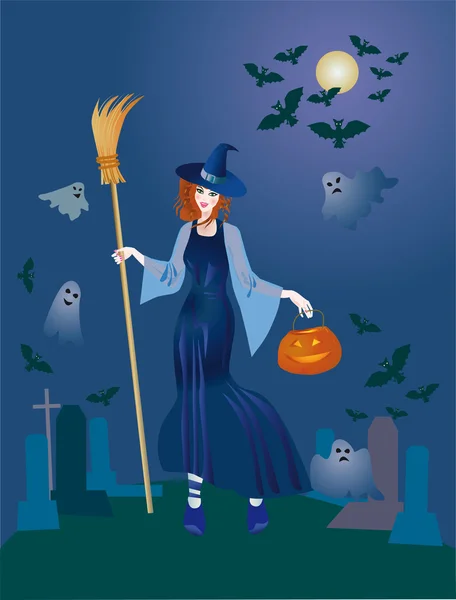 Merry young witch with a pumpkin — Stock Photo, Image