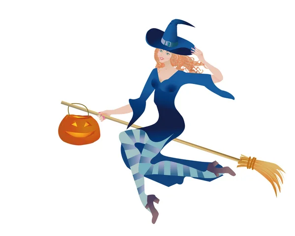 Счастливая молодая ведьма с тыквой — стоковое фото