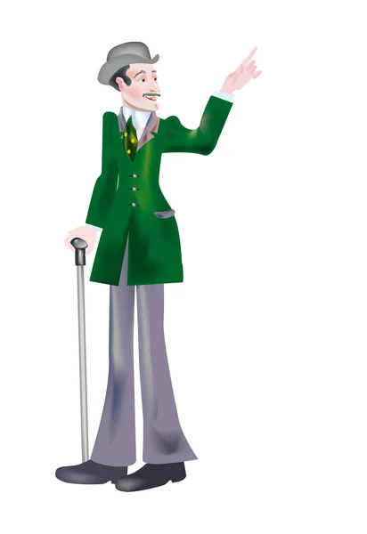 Character in a green frock-coat shows — Stock Photo, Image