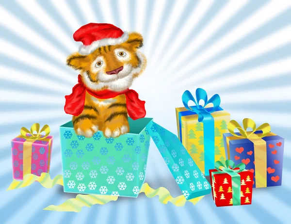 A tiger cub sits near boxes with gifts — Stock Photo, Image