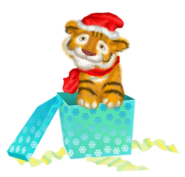 Um filhote de tigre se senta perto de caixas com presentes — Fotografia de Stock