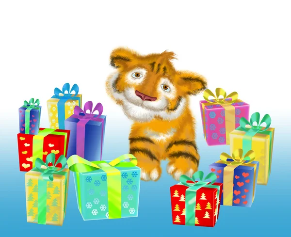 A tiger cub sits near boxes with gifts — Stock Photo, Image
