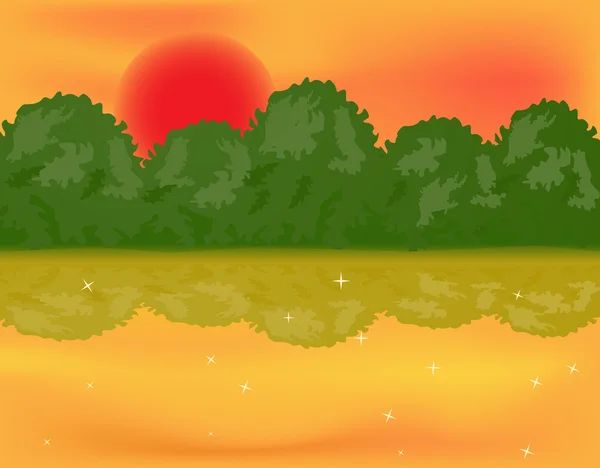 Lac forestier sur le soleil — Image vectorielle