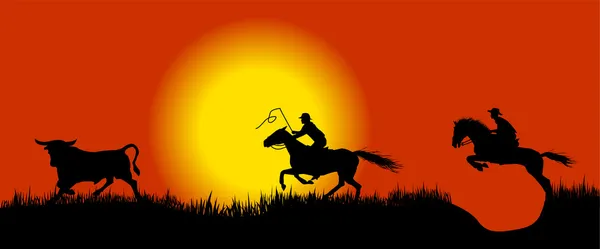 Běžící býk a kovbojové — Stockový vektor