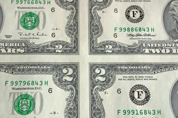 Blad van twee dollarbiljetten — Stockfoto