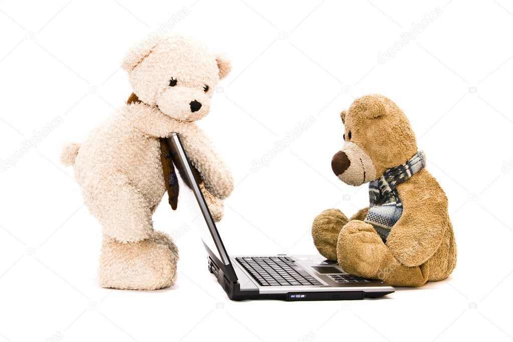 Teddy Bear and modern silver laptop