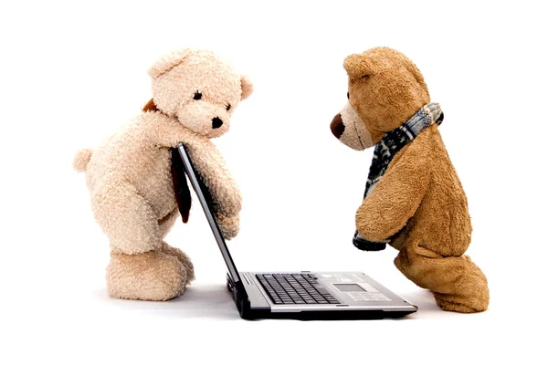 Urso de pelúcia e laptop prata moderna — Fotografia de Stock