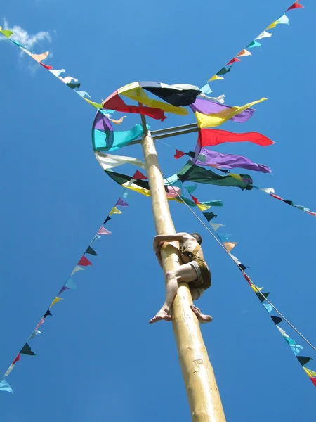 Man climbing a pole — Stock Photo, Image