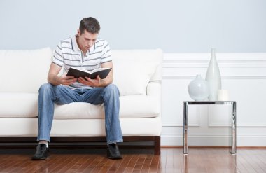 Man Reading on Living Room Couch clipart