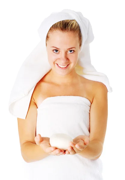 Hermosa joven spa mujer en blanco — Foto de Stock