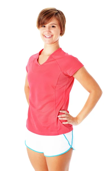 Unga fitness kvinna i röd tröja isolerad på whi — Stockfoto