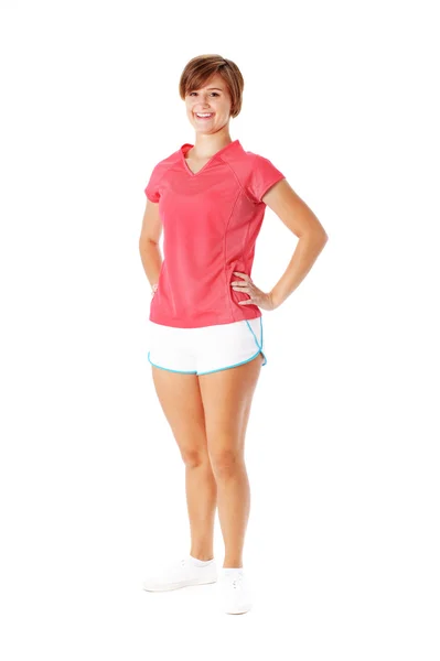 Fitness młoda kobieta w czerwonej koszuli na białym tle na whi — Zdjęcie stockowe