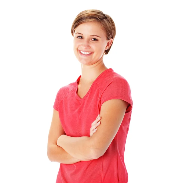 Unga fitness kvinna i röd tröja isolerad på whi — Stockfoto