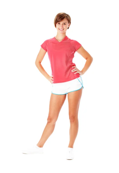 Joven mujer de fitness en camisa roja aislada en Whi — Foto de Stock