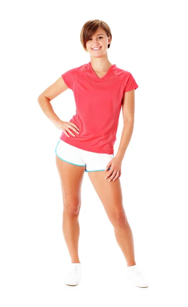 Fitness młoda kobieta w czerwonej koszuli na białym tle na whi — Zdjęcie stockowe