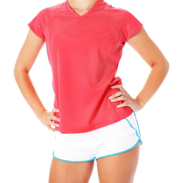 Mulher Fitness Jovem em Camisa Vermelha Isolada no Whi — Fotografia de Stock