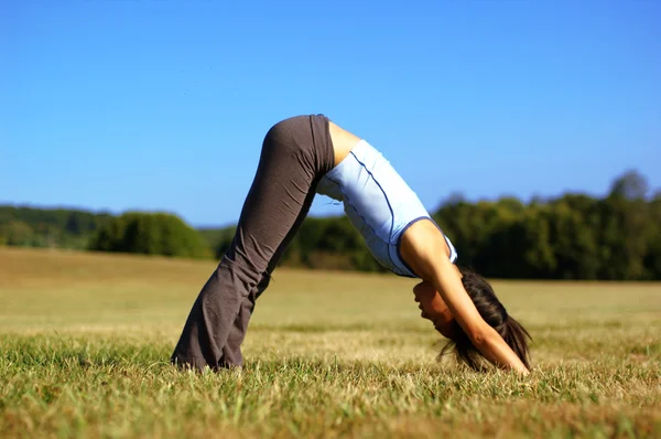 Menina praticando Yoga no campo — Fotografia de Stock