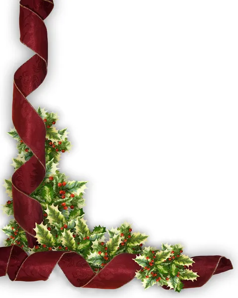 Christmas Border Red ribbon and holly — Stock Photo, Image