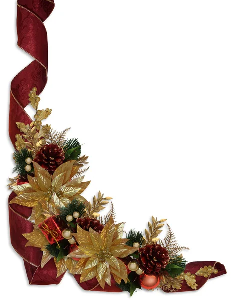Christmas border ribbons gold poinsettia — Stock Photo, Image