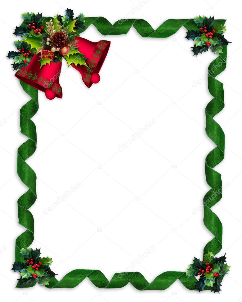 Christmas border Holly bells and ribbons