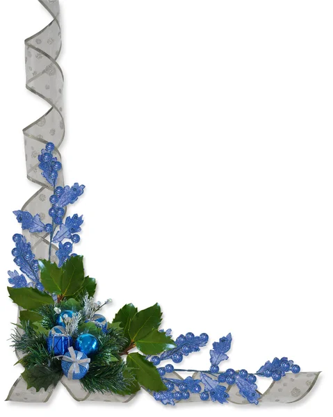 Christmas Holly and ribbons border blue — Stock Photo, Image