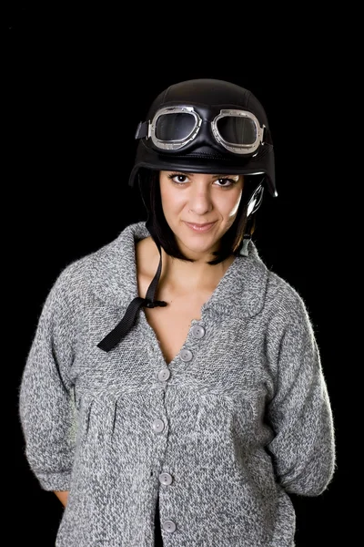 女孩与我们军队摩托车头盔 — 图库照片