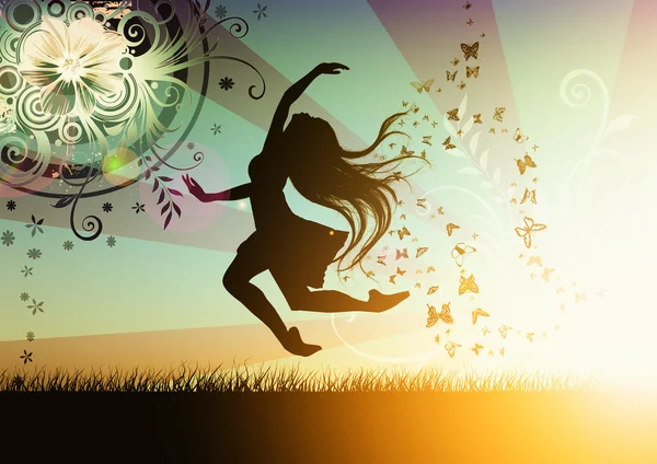 Chica bailando ilustración con mariposa — Foto de Stock