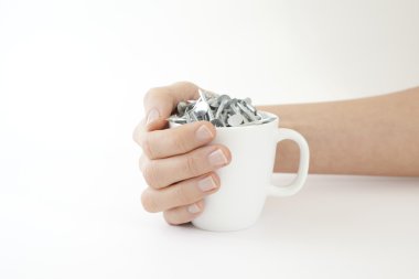 Woman cradles a Cup of Nails Coffee Cup clipart