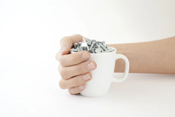 stock image Woman cradles a Cup of Nails Coffee Cup