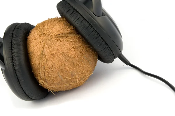 Kopfhörer auf Kokosnuss — Stockfoto
