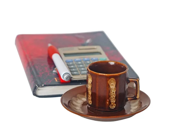Filiżanka kawy, organizator i kalkulator — Zdjęcie stockowe