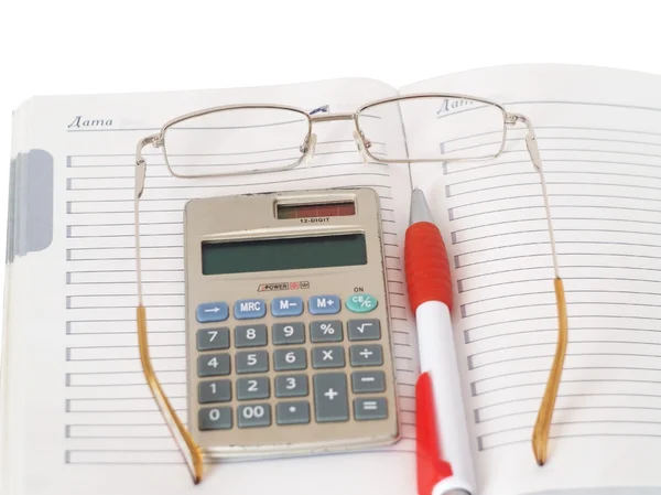 Organizzatore, calcolatrice, punti e penna — Foto Stock
