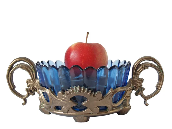 Soporte de bronce, jarrón y una manzana — Foto de Stock