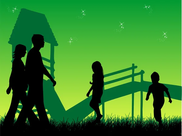 Счастливые семейные прогулки по природе, закат — стоковый вектор