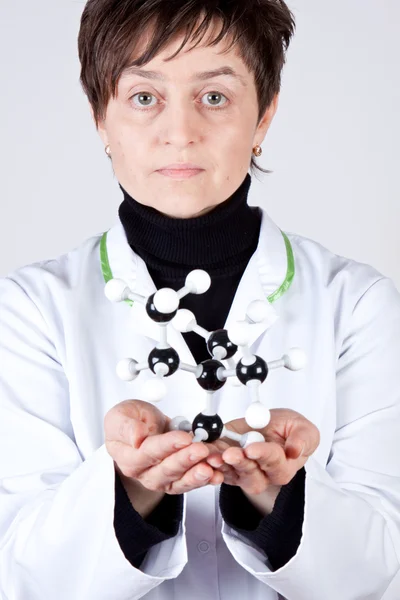 Female Scientist Holding Molecules — Stock Photo, Image