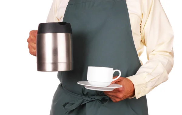Servitör med kaffekanna och kopp — Stockfoto