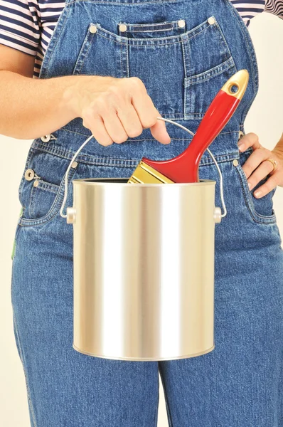 Woman Holding Paint Can and Brush — Stock Photo, Image