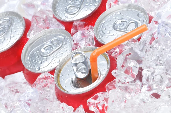 Primer plano de latas de refresco en hielo —  Fotos de Stock